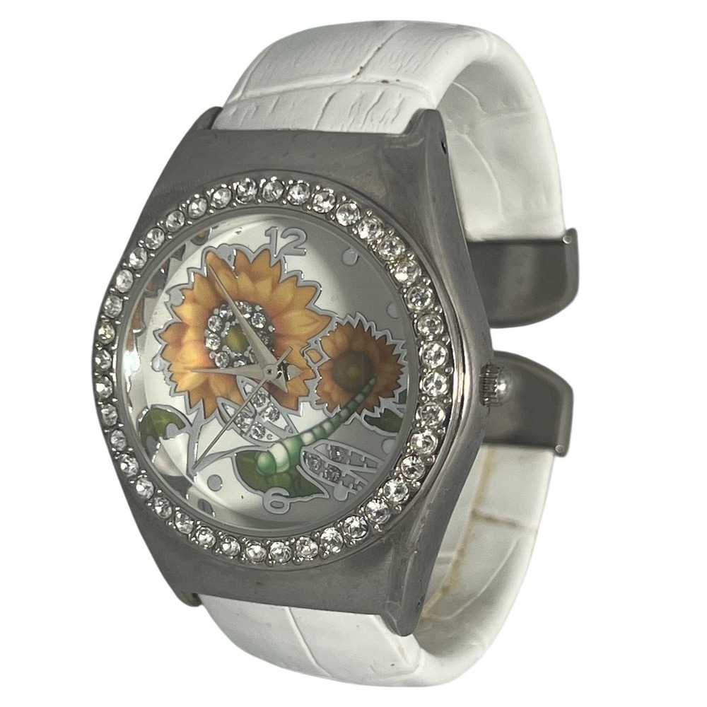 Floral Women's Silver-Tone‎ Cuff Watch White Faux Leather Rhinestone